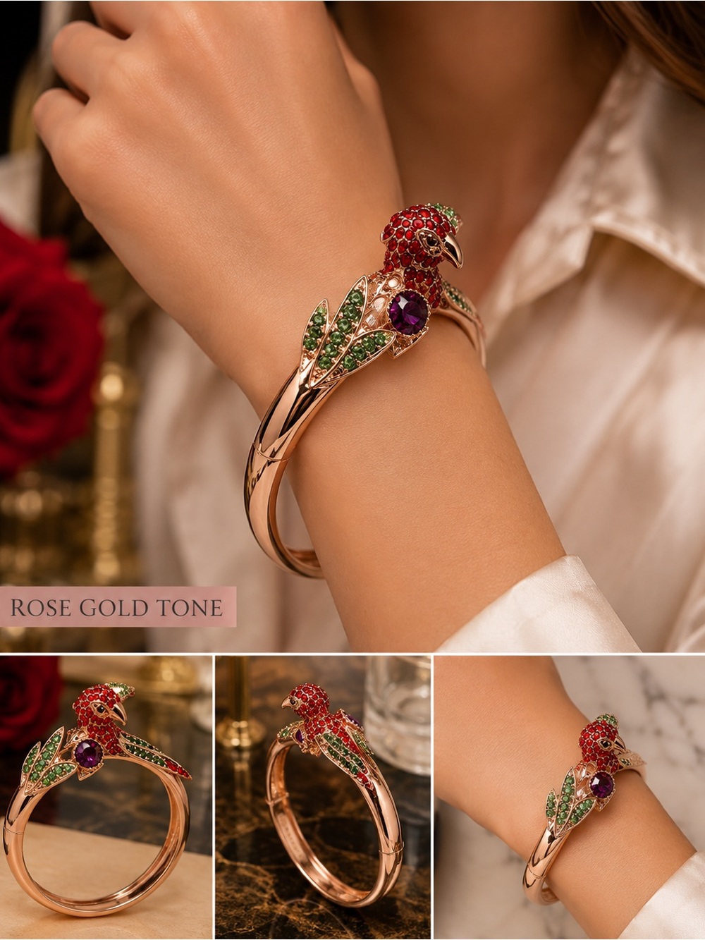 Crystal Parrot Hinged Bangle Bracelet/Rose Gold Tone/Statement Cuff/Bird Jewelry